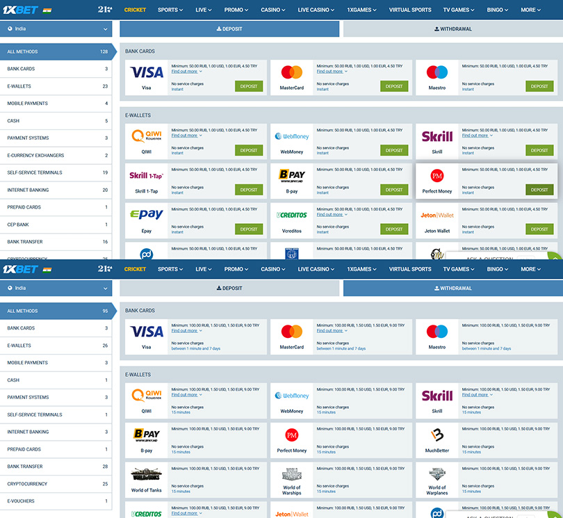 1xBet India payment methods.